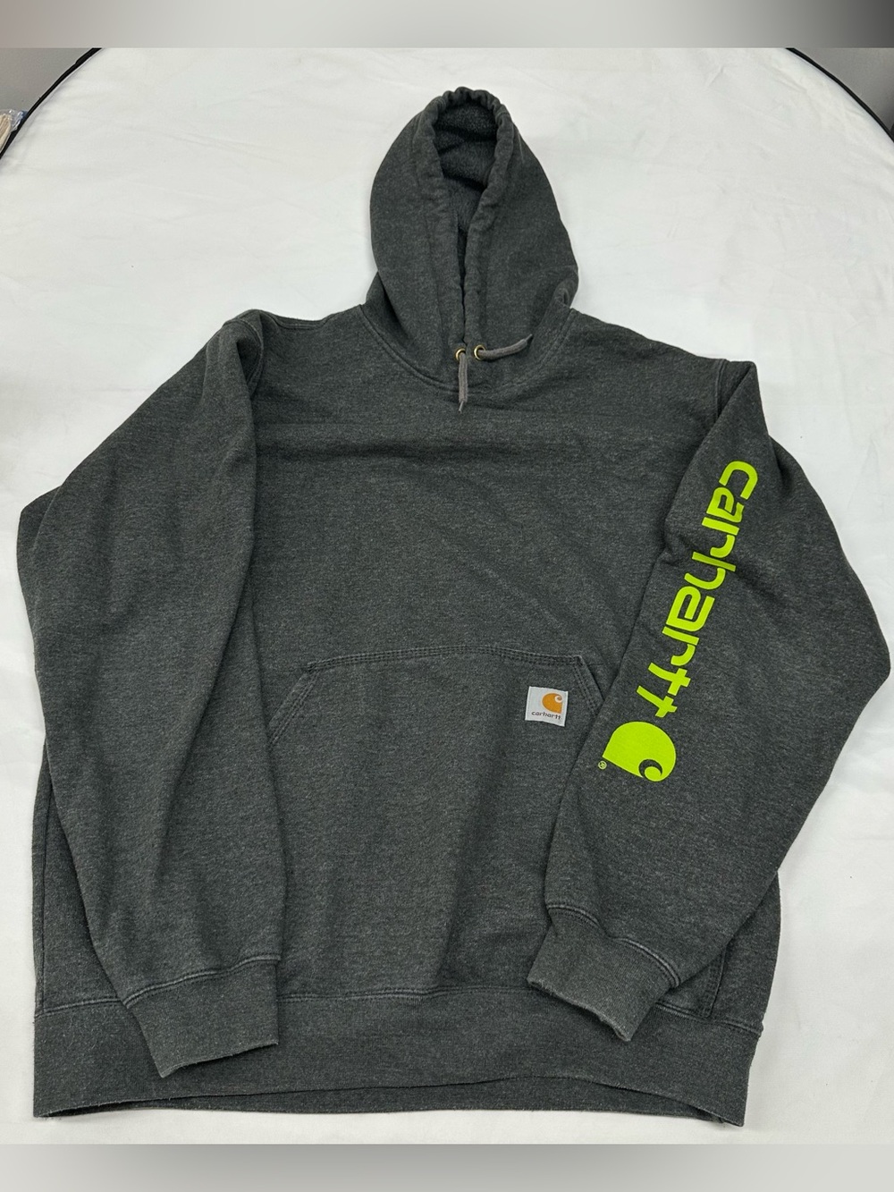 Carhartt Men's Dark Gray Crewneck Hoodie with Neon Yellow Sleeve Logo
